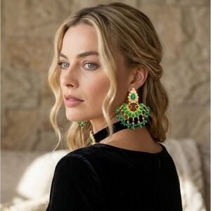 Handmade Green Onyx Teardrop Chandelier Earrings Ornate Gold Statement Pakistan